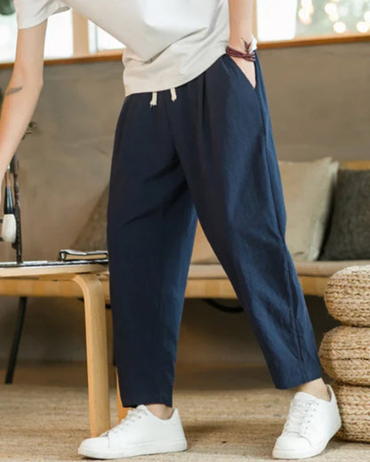 Men's Tapered Trousers with Pleats and Drawstring Waist