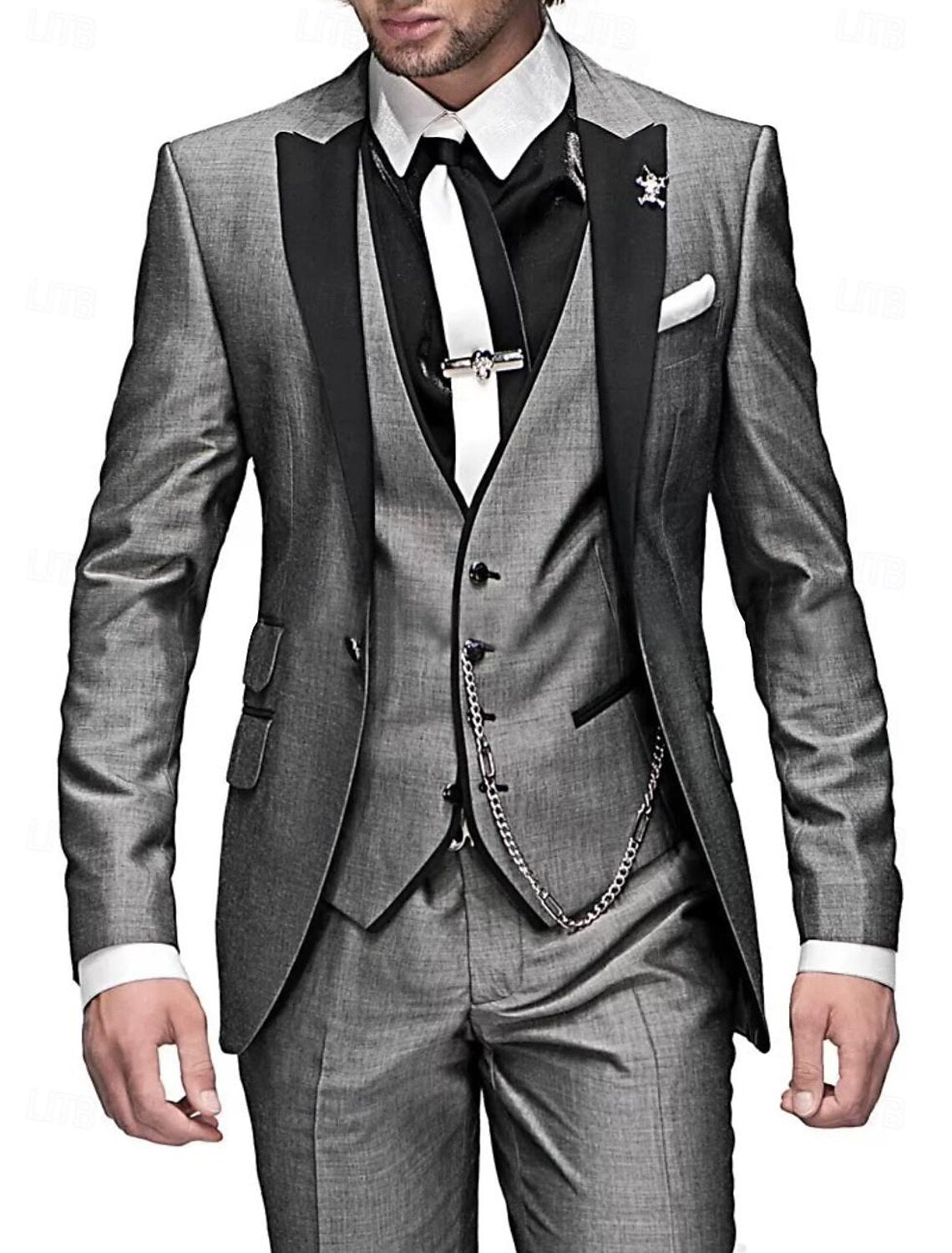 Men's Three-Piece Slim Fit Formal Suit Set with Peak Lapel