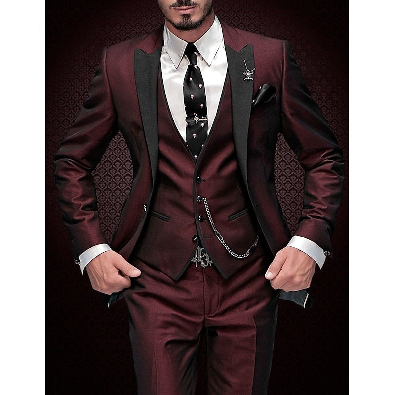Men's Three-Piece Slim Fit Formal Suit Set with Peak Lapel