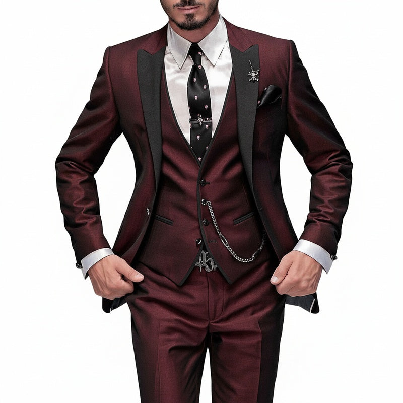 Men's Three-Piece Suit with Contrast Lapels, Vest and Slim-Fit Trousers