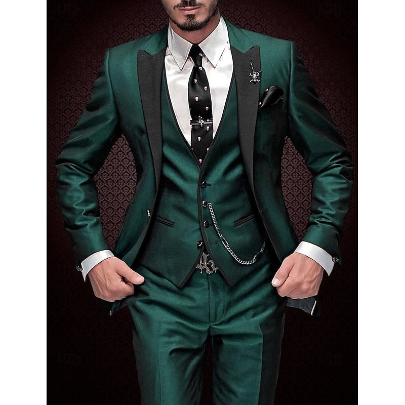 Men's Three-Piece Suit with Contrast Lapels, Vest and Slim-Fit Trousers