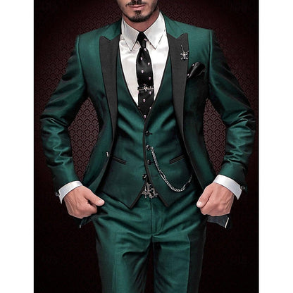 Men's Three-Piece Suit with Contrast Lapels, Vest and Slim-Fit Trousers