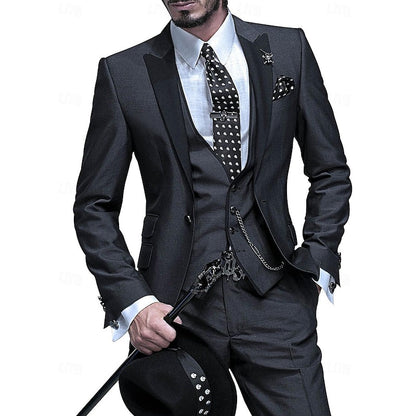 Men's Three-Piece Suit with Contrast Lapels, Vest and Slim-Fit Trousers