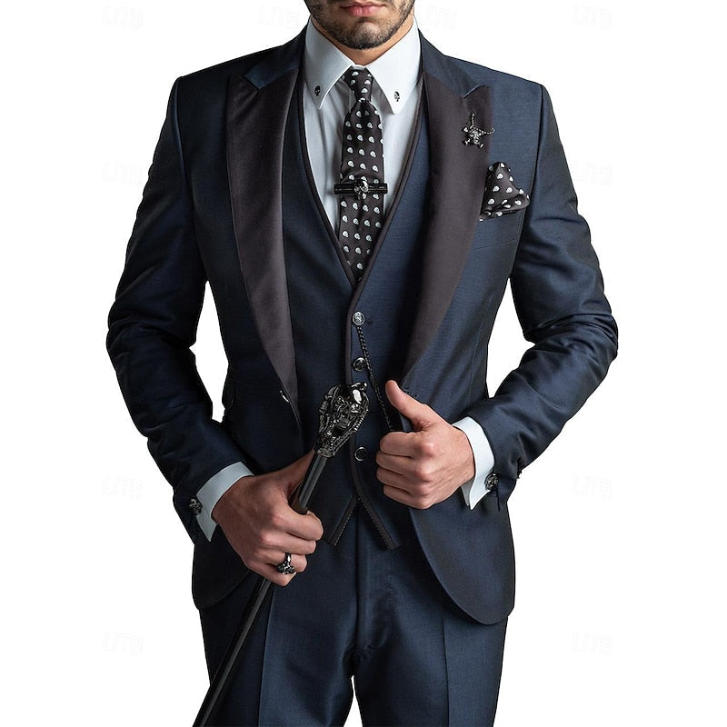 Men's Three-Piece Suit with Contrast Lapels, Vest and Slim-Fit Trousers