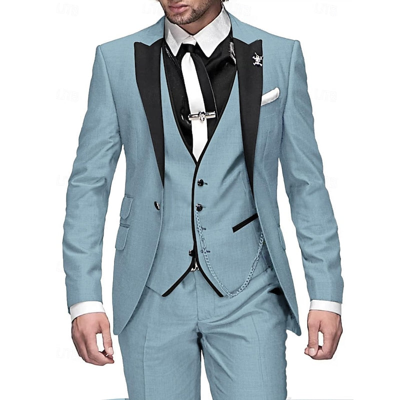 Men's Three-Piece Suit with Contrast Lapels, Vest and Slim-Fit Trousers