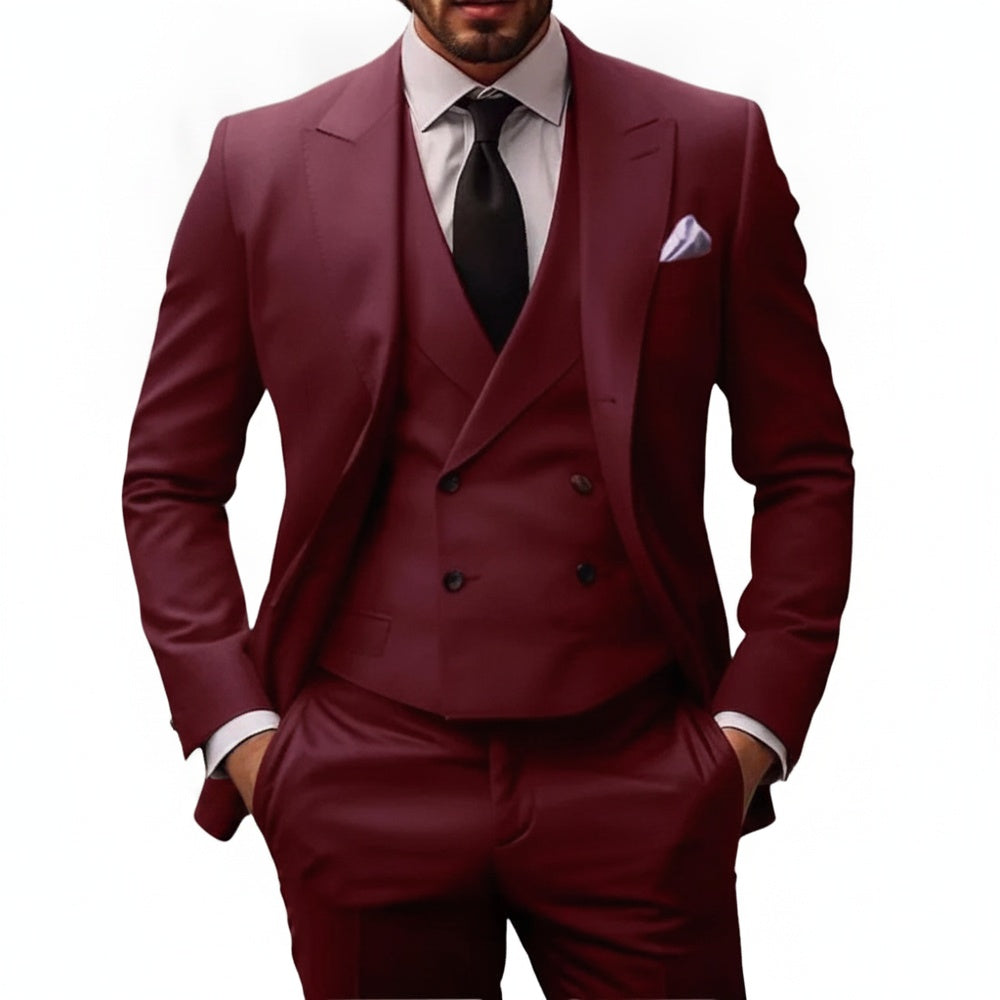 Men's Three-Piece Suit with Double-Breasted Vest and Peak Lapels