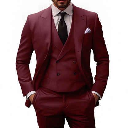 Men's Three-Piece Suit with Double-Breasted Vest and Peak Lapels