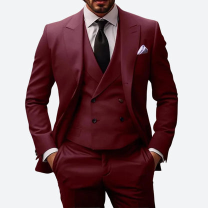 Men's Three-Piece Suit with Double-Breasted Vest and Peak Lapels