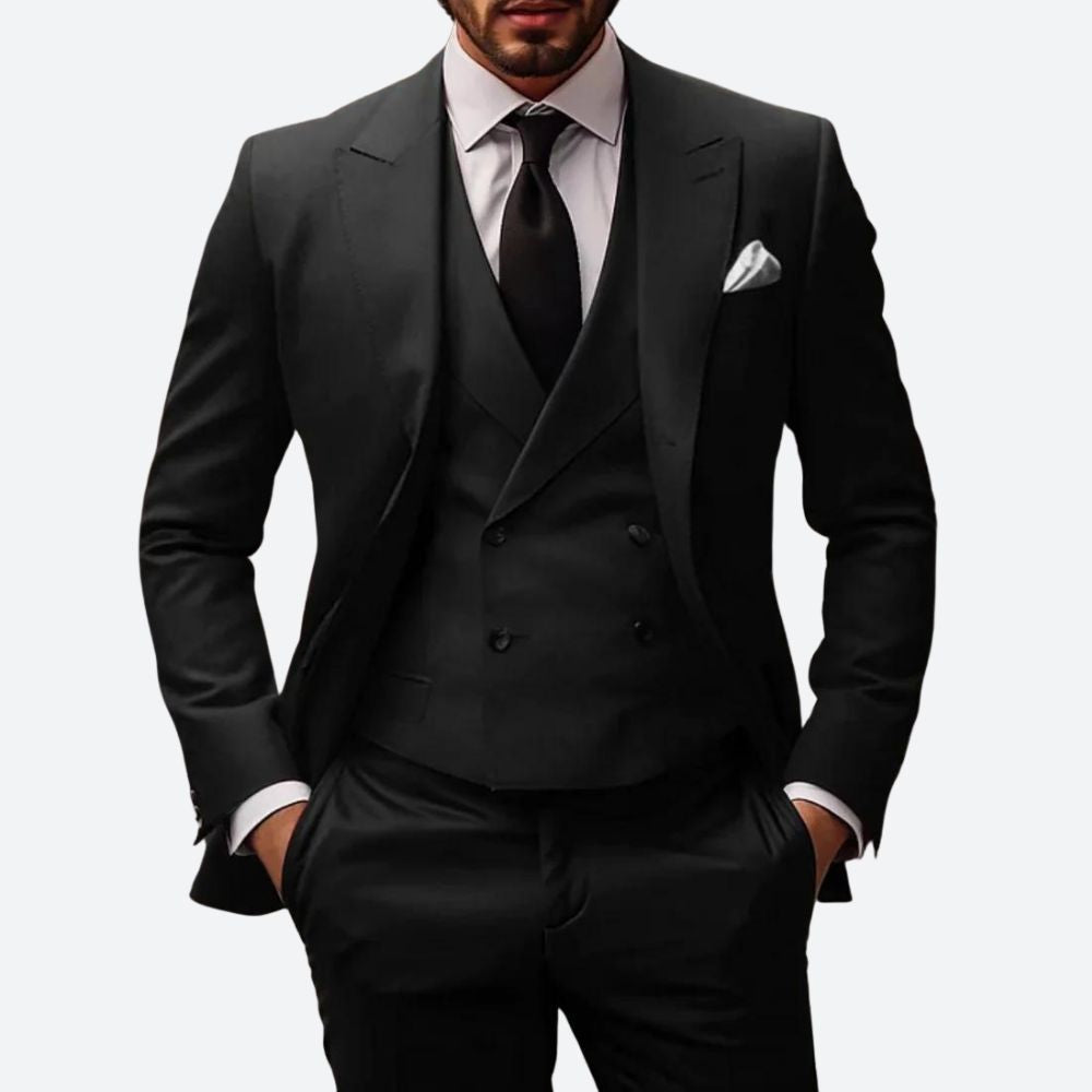 Men's Three-Piece Suit with Double-Breasted Vest and Peak Lapels