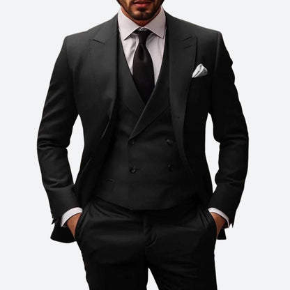 Men's Three-Piece Suit with Double-Breasted Vest and Peak Lapels