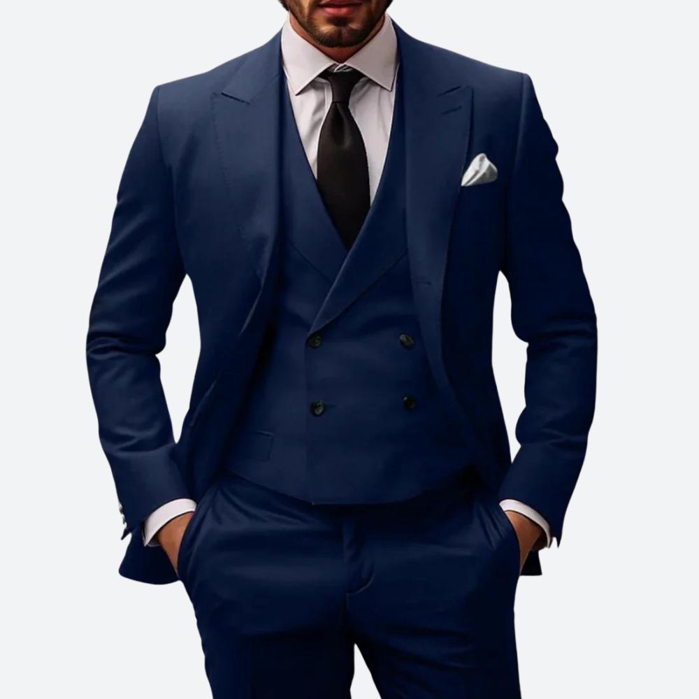 Men's Three-Piece Suit with Double-Breasted Vest and Peak Lapels