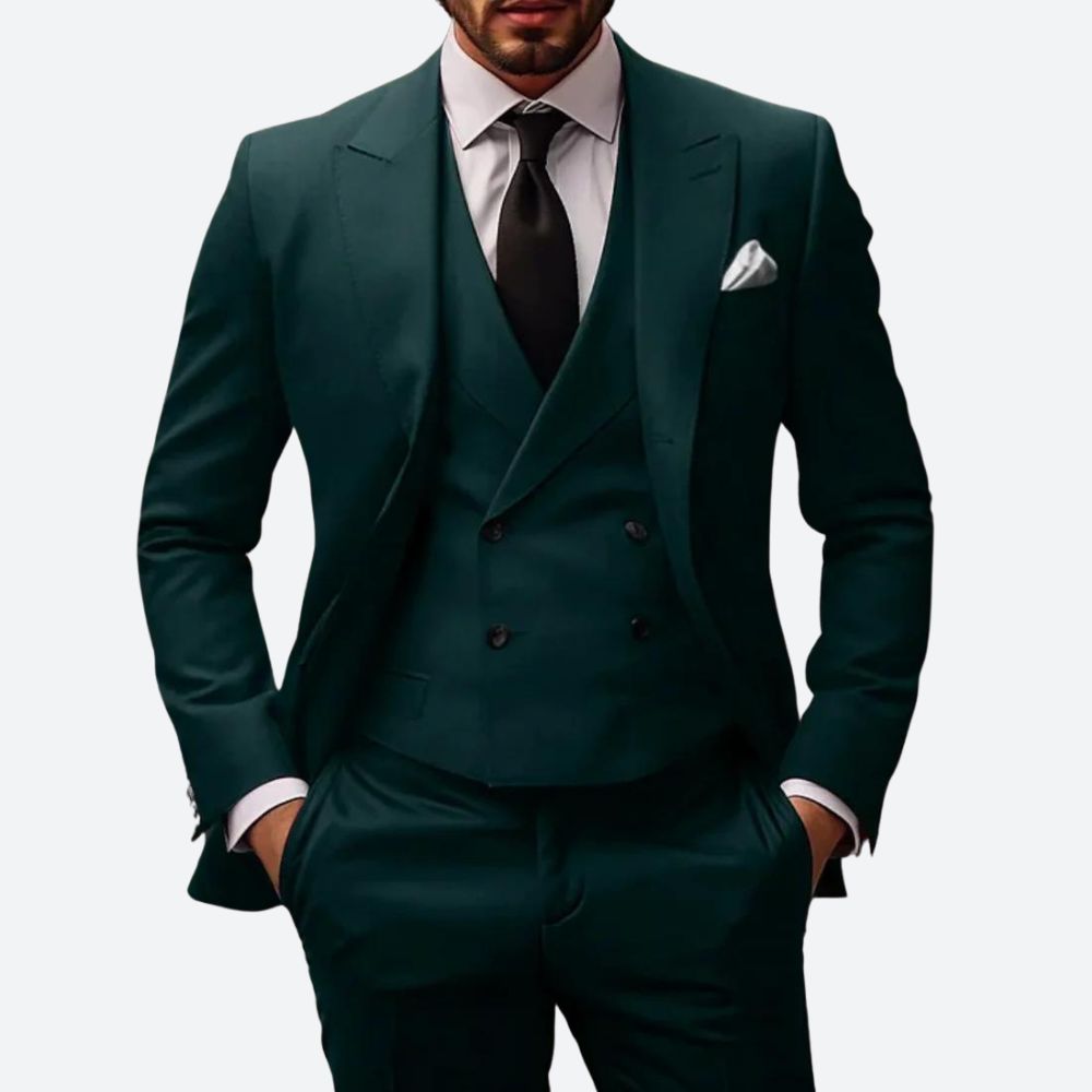 Men's Three-Piece Suit with Double-Breasted Vest and Peak Lapels