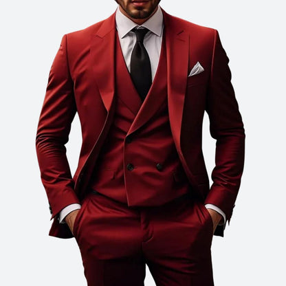 Men's Three-Piece Suit with Double-Breasted Vest and Peak Lapels