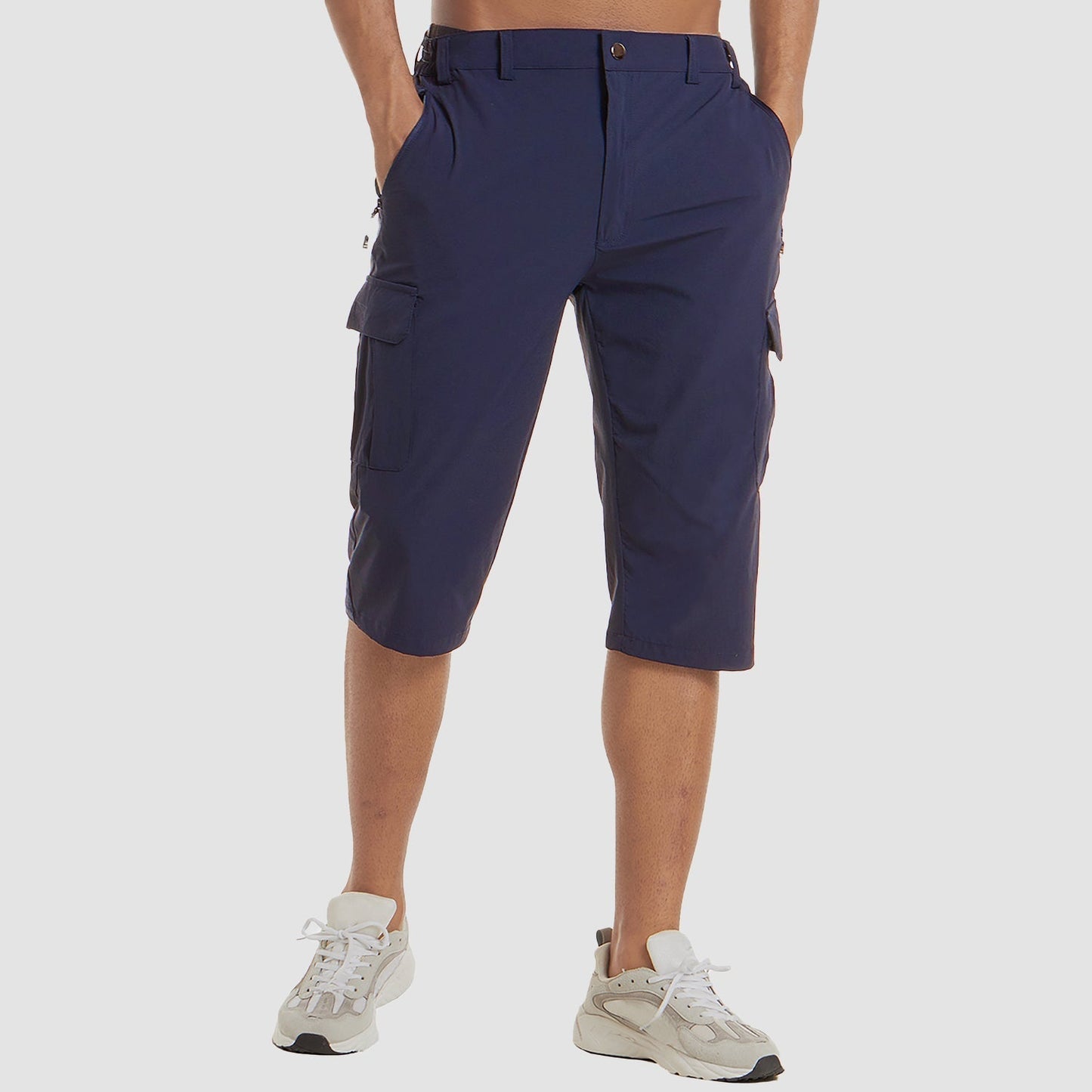 Men's Three-Quarter Cargo Shorts with Zip Pockets and Button Closure