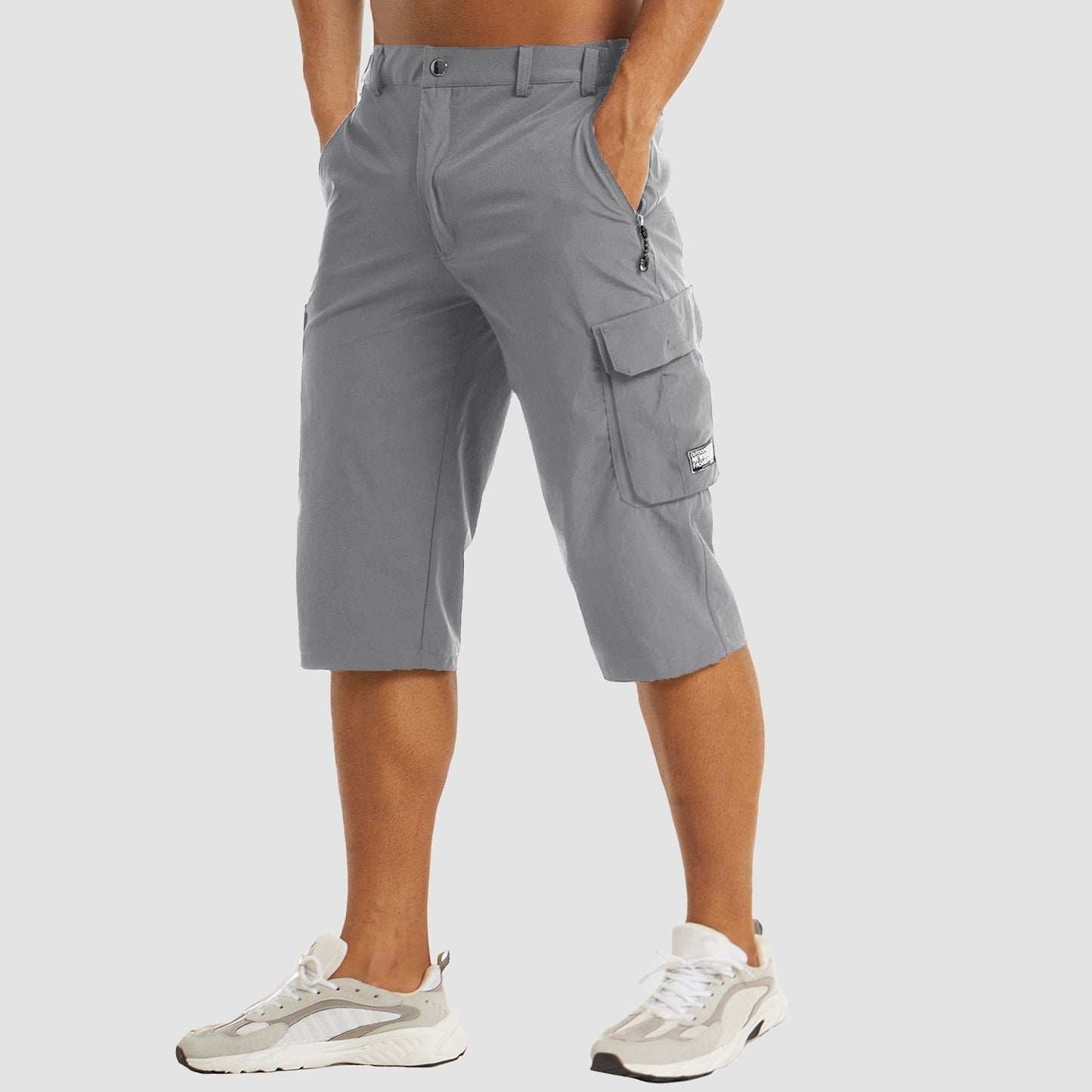 Men's Three-Quarter Cargo Shorts with Zip Pockets and Button Closure
