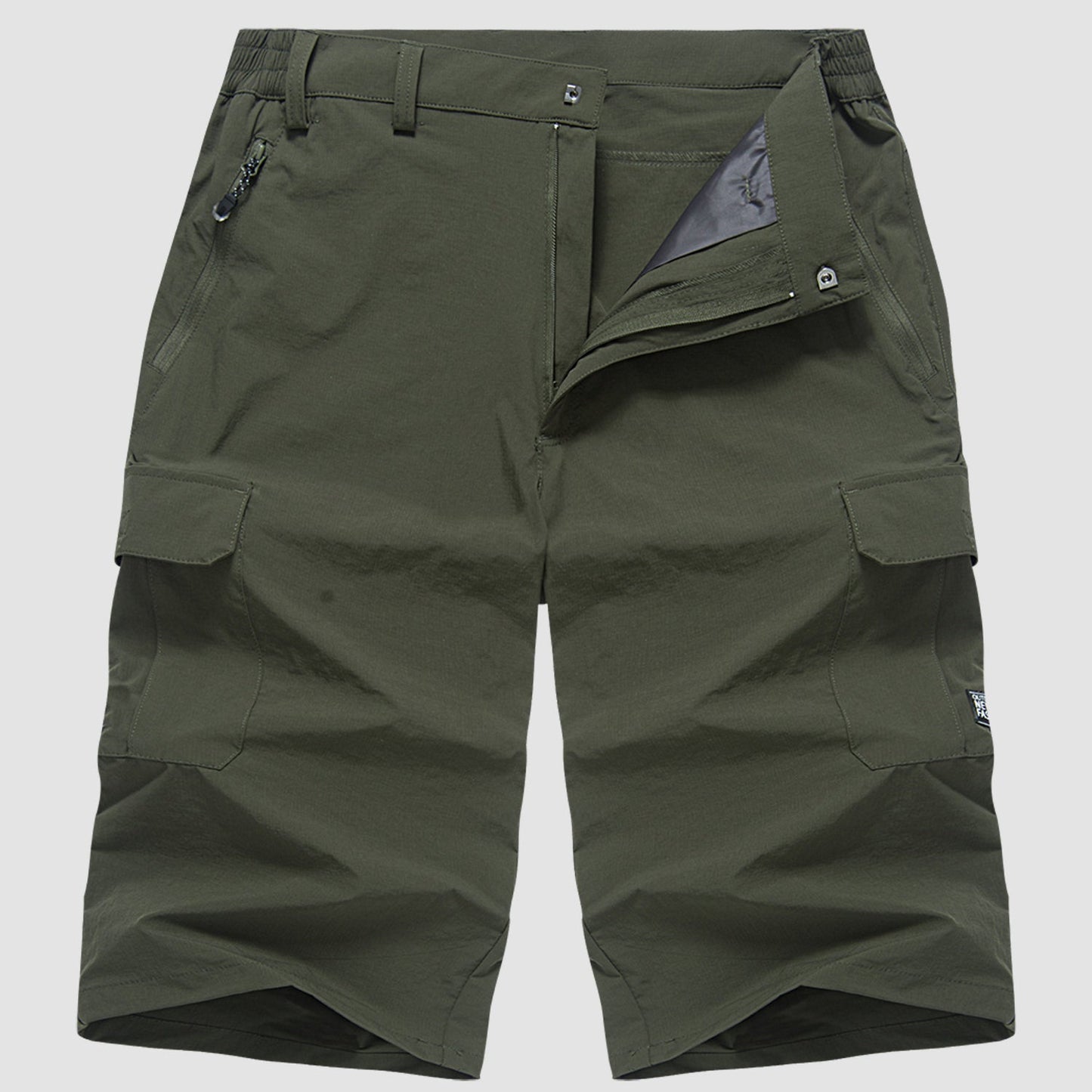 Men's Three-Quarter Cargo Shorts with Zip Pockets and Button Closure