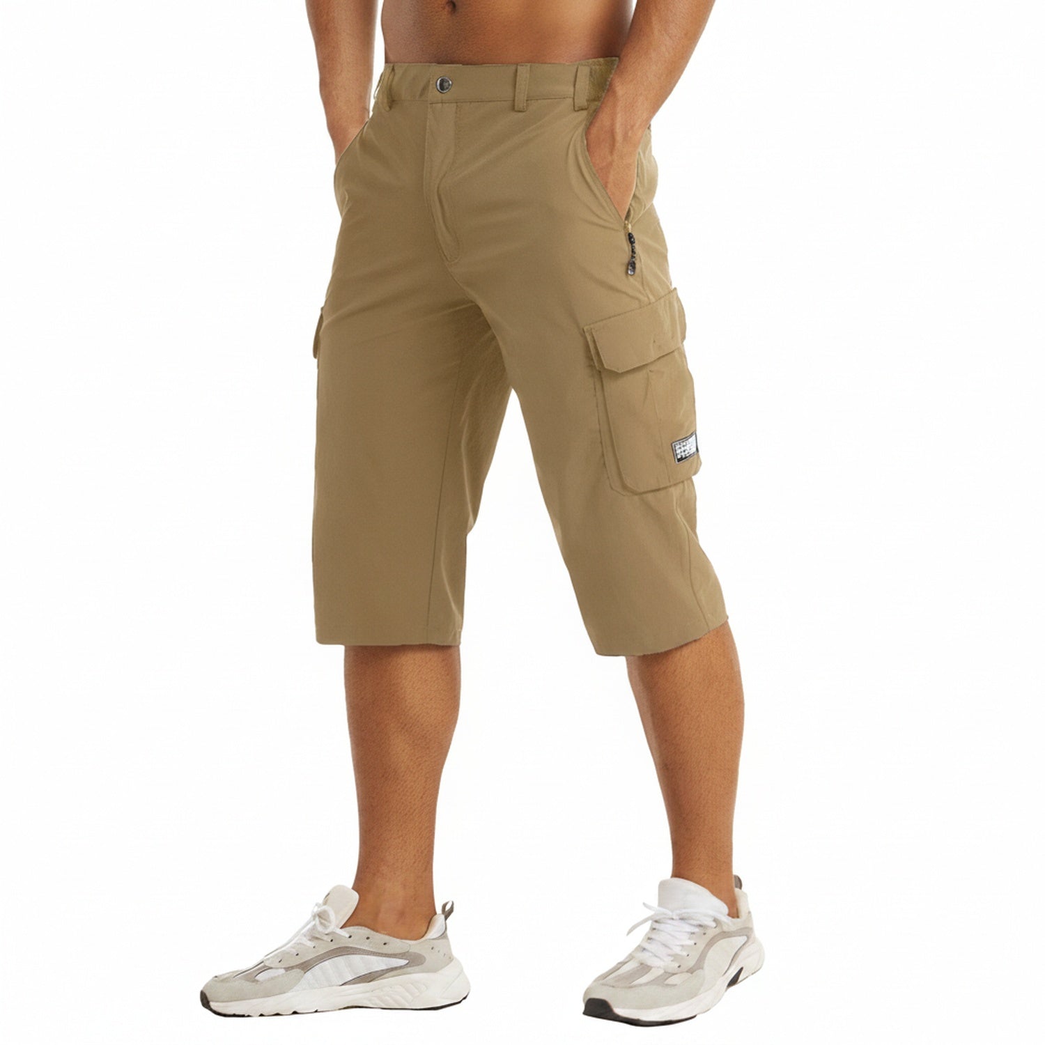 Men's Three-Quarter Length Cargo Shorts with Zip Pockets and Belt Loop Waistband