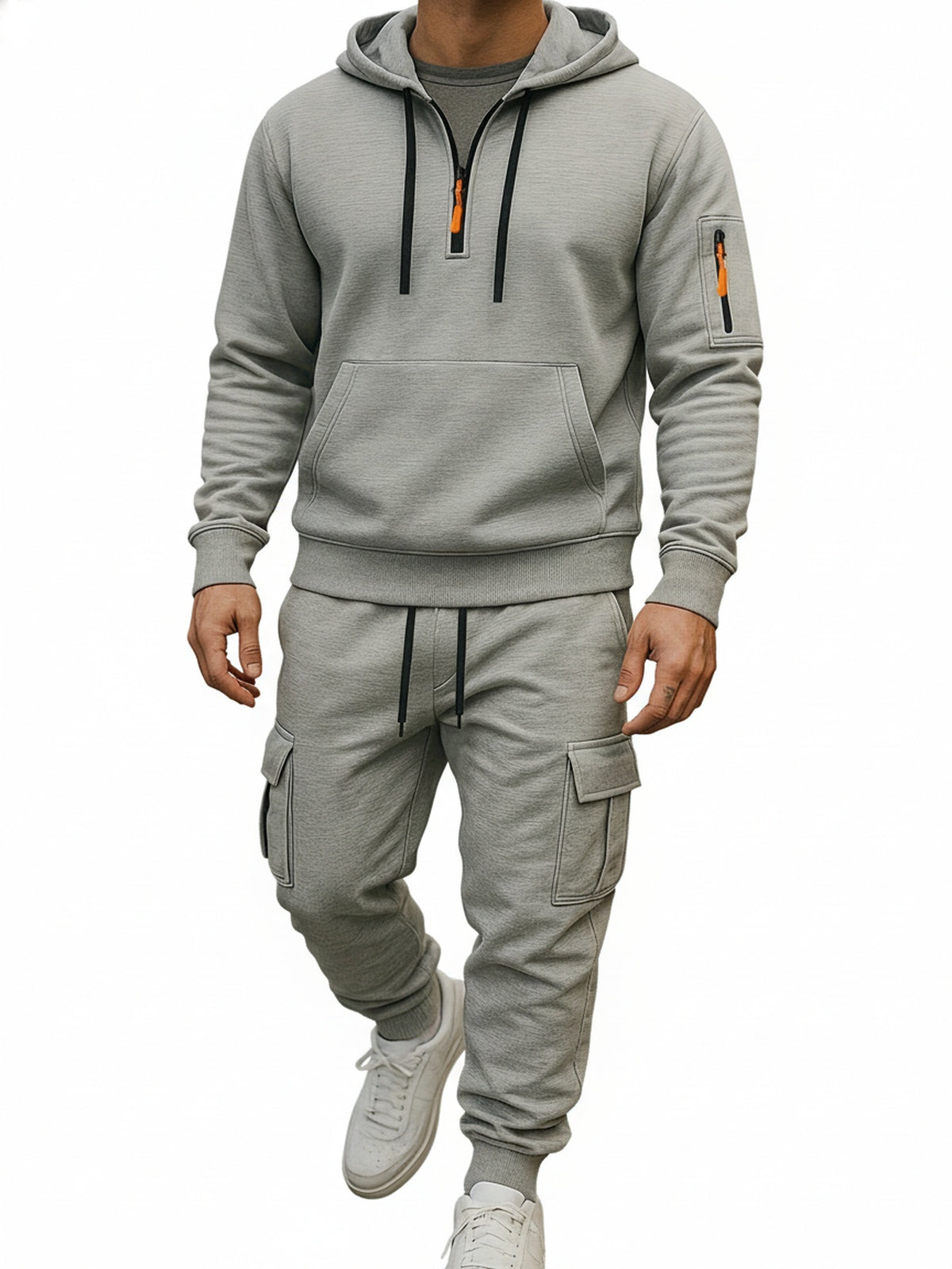 Men's Tracksuit Set with Hood and Cargo Joggers Half-Zip