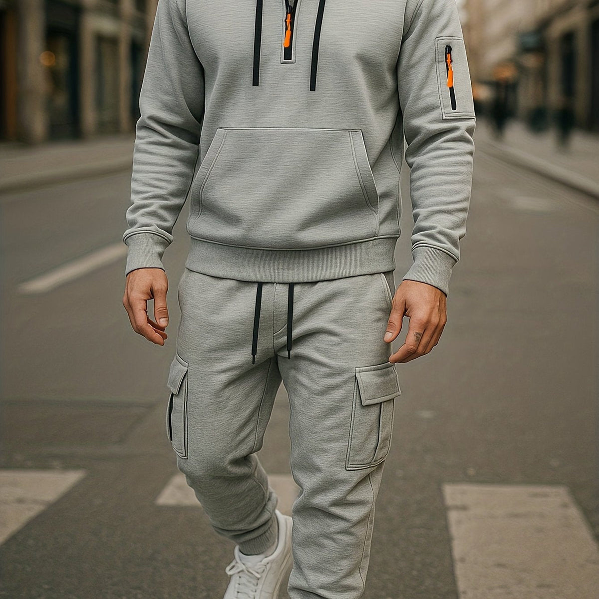 Men's Tracksuit Set with Hood and Cargo Joggers Half-Zip