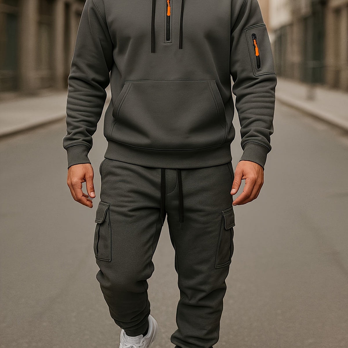 Men's Tracksuit Set with Hood and Cargo Joggers Half-Zip