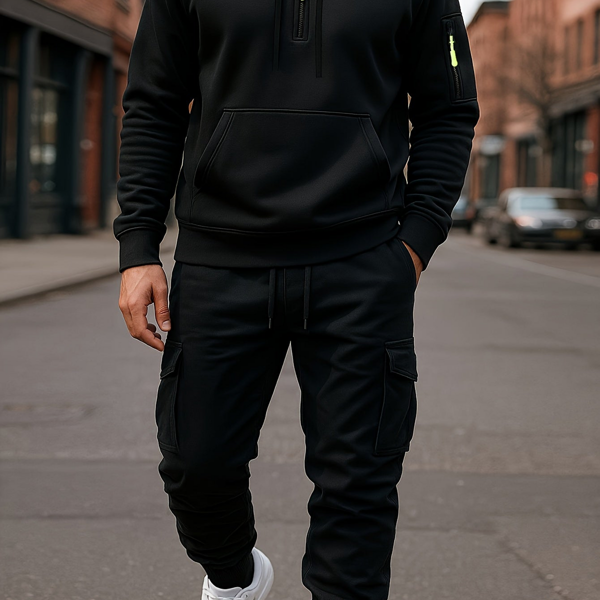 Men's Tracksuit Set with Hood and Cargo Joggers Half-Zip