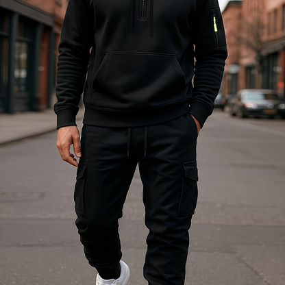 Men's Tracksuit Set with Hood and Cargo Joggers Half-Zip