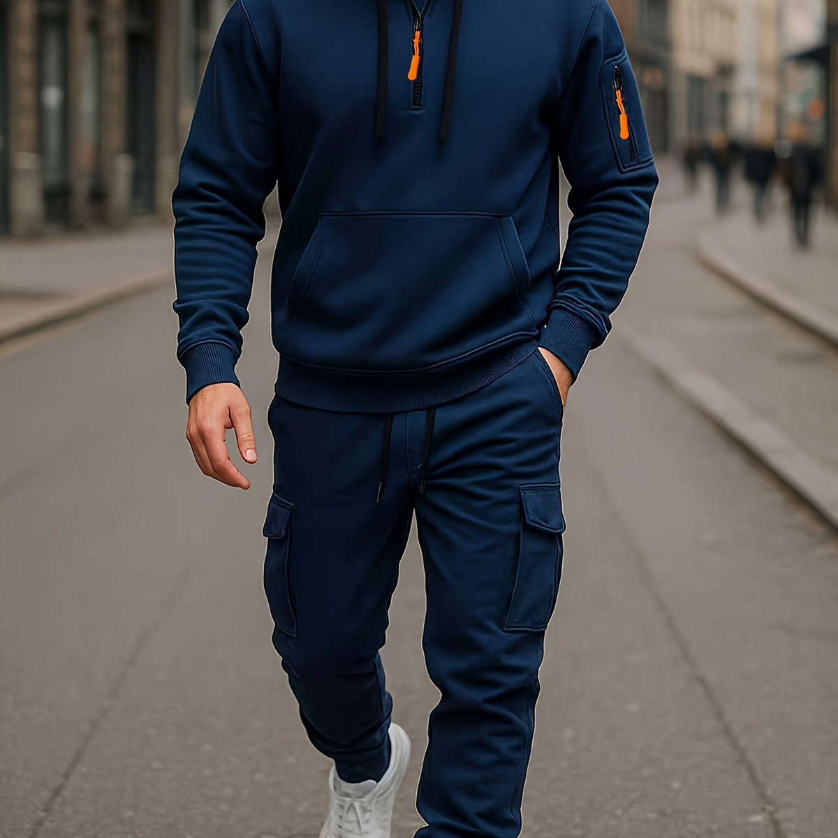 Men's Tracksuit Set with Hood and Cargo Joggers Half-Zip