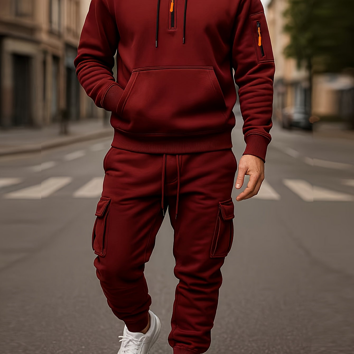 Men's Tracksuit Set with Hood and Cargo Joggers Half-Zip