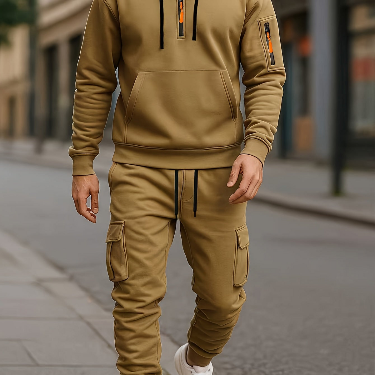 Men's Tracksuit Set with Hood and Cargo Joggers Half-Zip