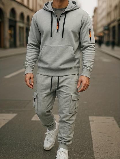 Men's Tracksuit Set with Hood and Cargo Joggers Half-Zip
