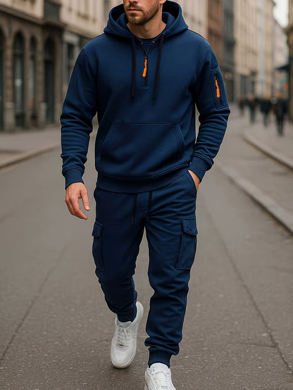 Men's Tracksuit Set with Hood and Cargo Joggers Half-Zip