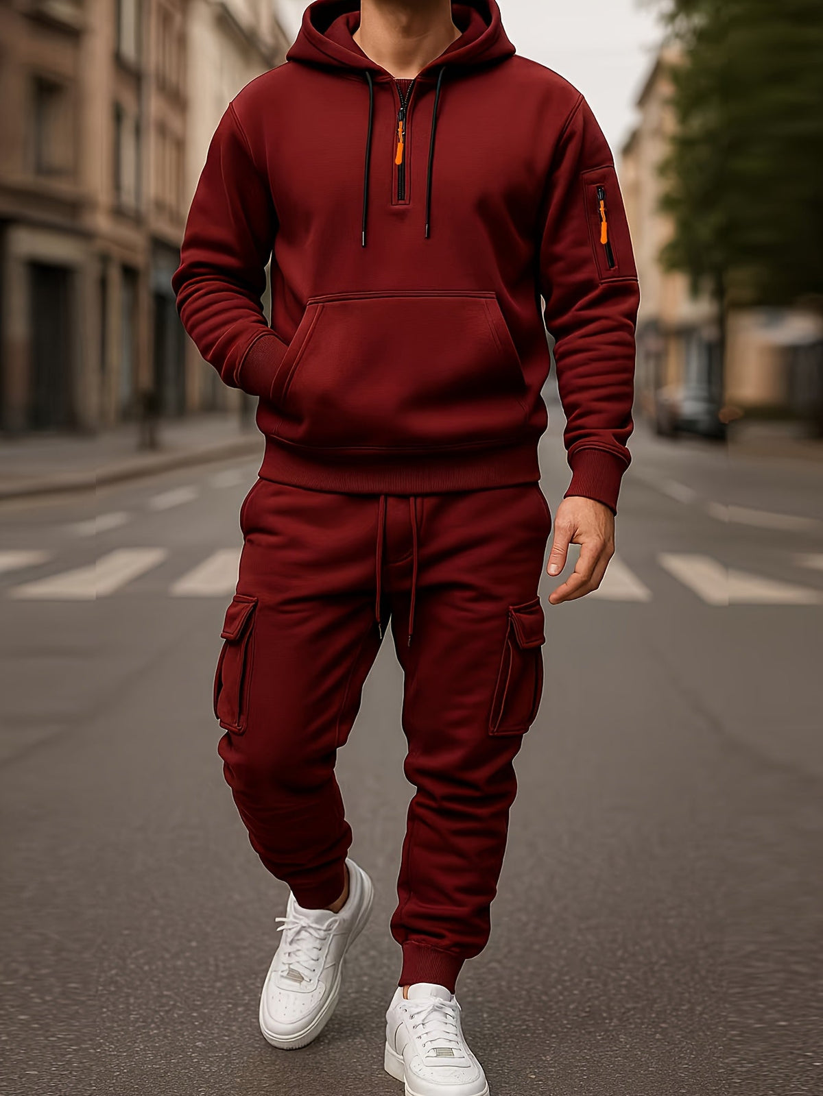 Men's Tracksuit Set with Hood and Cargo Joggers Half-Zip