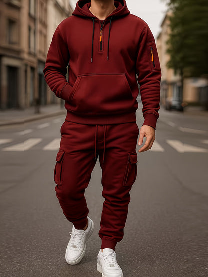 Men's Tracksuit Set with Hood and Cargo Joggers Half-Zip