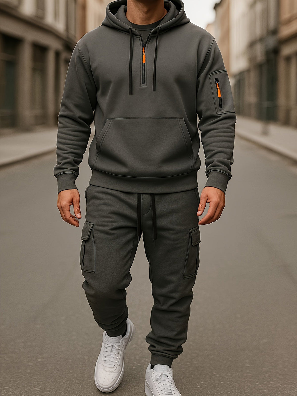 Men's Tracksuit Set with Hood and Cargo Joggers Half-Zip