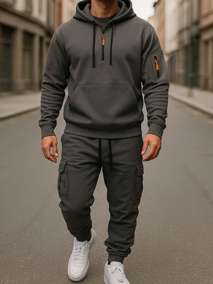Men's Tracksuit Set with Hood and Cargo Joggers Half-Zip