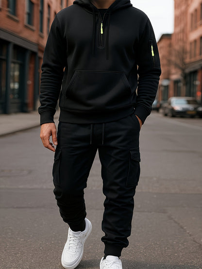Men's Tracksuit Set with Hood and Cargo Joggers Half-Zip