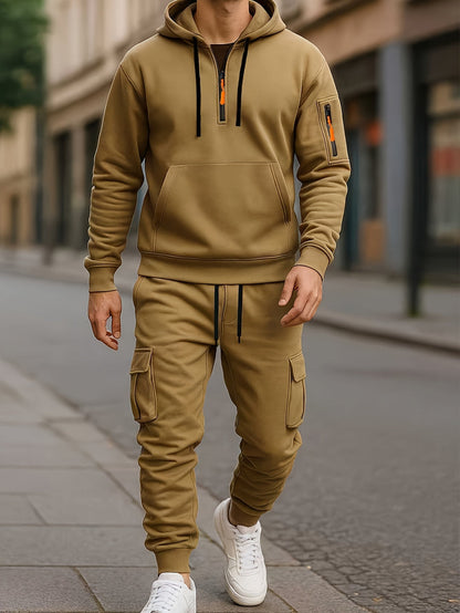 Men's Tracksuit Set with Hood and Cargo Joggers Half-Zip