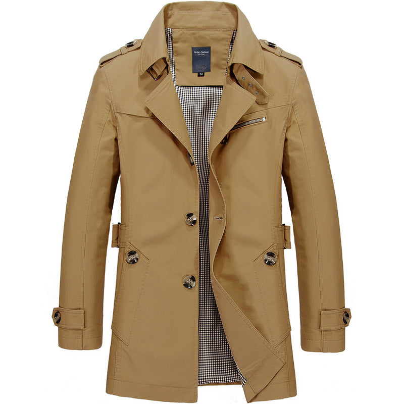 Men's Trench Coat Single-Breasted with Lapel Collar and Epaulettes