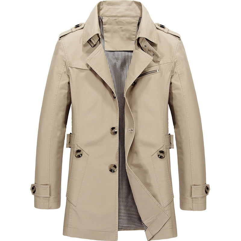 Men's Trench Coat Single-Breasted with Lapel Collar and Epaulettes