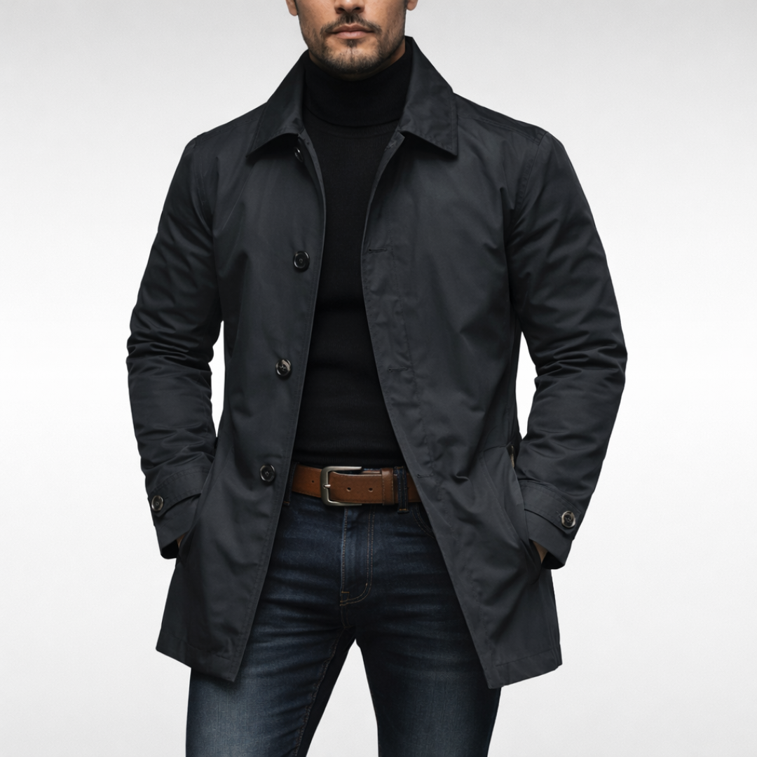 Men's Trench Coat with Button Closure and Quilted Lining