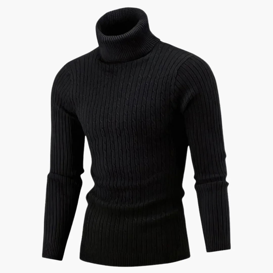 Men's Turtleneck Sweater with Cable-Knit Texture and Long Sleeves Slim Fit