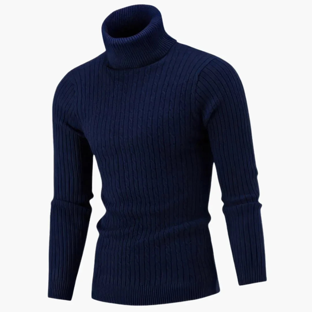 Men's Turtleneck Sweater with Cable-Knit Texture and Long Sleeves Slim Fit