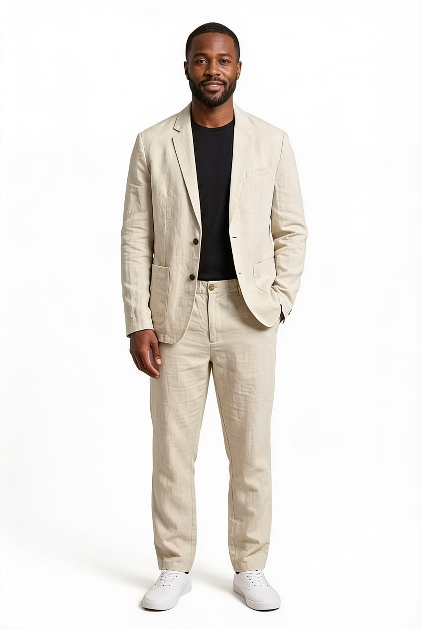 Men's Two-Piece Suit Set with Blazer and Relaxed Fit Trousers