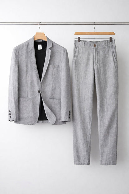 Men's Two-Piece Suit Set with Blazer and Relaxed Fit Trousers