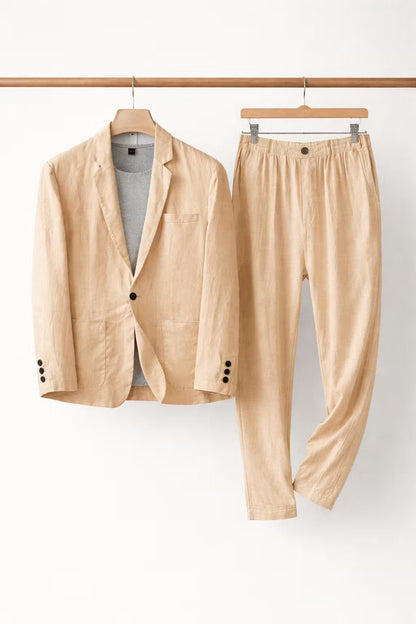 Men's Two-Piece Suit Set with Blazer and Relaxed Fit Trousers