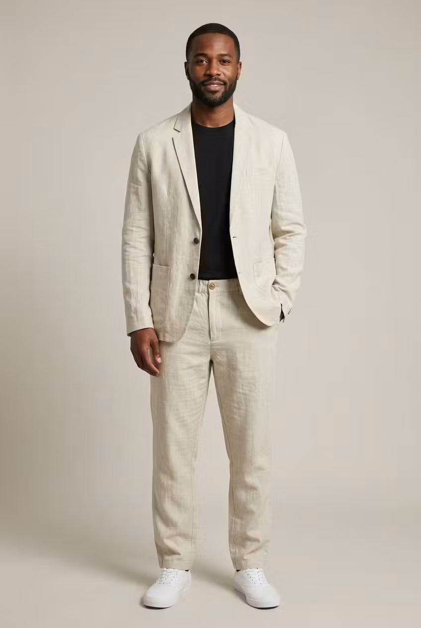Men's Two-Piece Suit Set with Blazer and Relaxed Fit Trousers