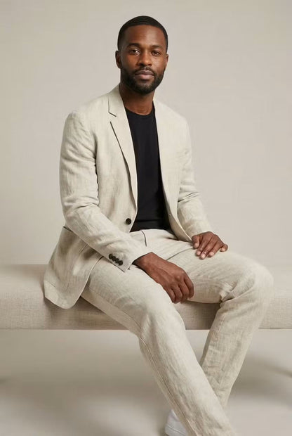 Men's Two-Piece Suit Set with Blazer and Relaxed Fit Trousers