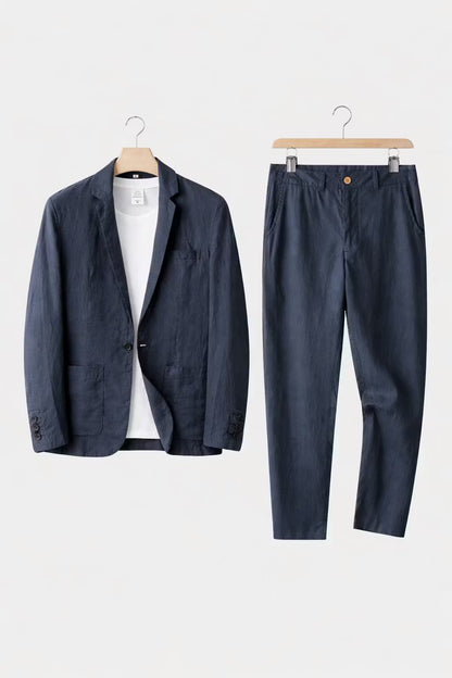 Men's Two-Piece Suit Set with Blazer and Relaxed Fit Trousers