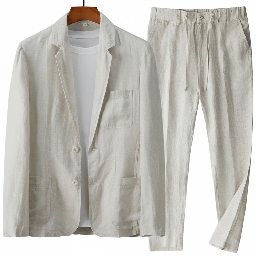 Men's Two-Piece Suit Set with Notch Lapel Blazer and Drawstring Trousers