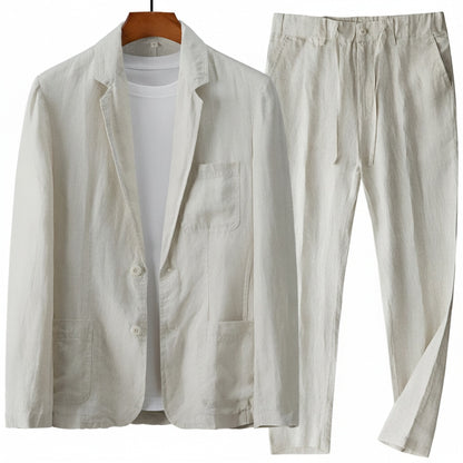 Men's Two-Piece Suit Set with Notch Lapel Blazer and Drawstring Trousers